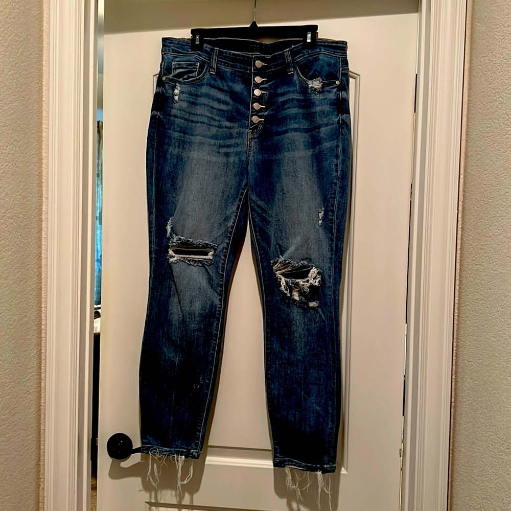 Boutique jeans. Generous fit. Current distressed style. Good stretch super comfy